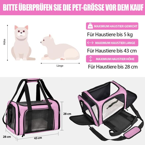 TOFFCAEA Transporttasche für Katze Hund, Hundetransportbox, Faltbare Katzentransportbox, tragbar, 5kg Katzen Hunde Tragebox, für mittelgroße Hunde, Katze (M, Rosa)