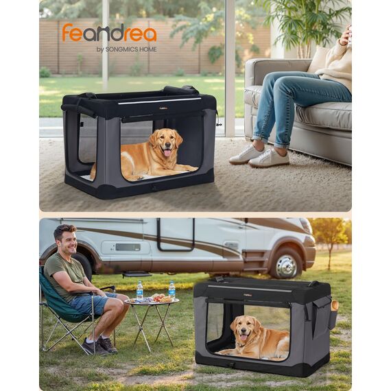 Feandrea Hundebox faltbar, 91,4 cm Transportbox für große Hunde, Hundetasche, Oxford-Gewebe, mit 4 Türen aus Netzstoff, Griffen, Taschen für Futter und Wasserflasche, tintenschwarz PDC019B01
