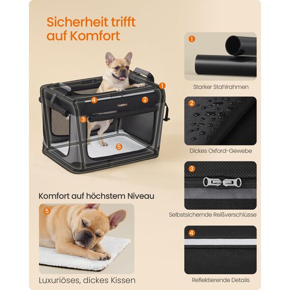 Feandrea Hundebox faltbar, 60 cm Transportbox für kleine Hunde, Hundetasche, Oxford-Gewebe, mit 4 Türen aus Netzstoff, Griffen, Taschen für Futter und Wasserflasche, tintenschwarz PDC016B01