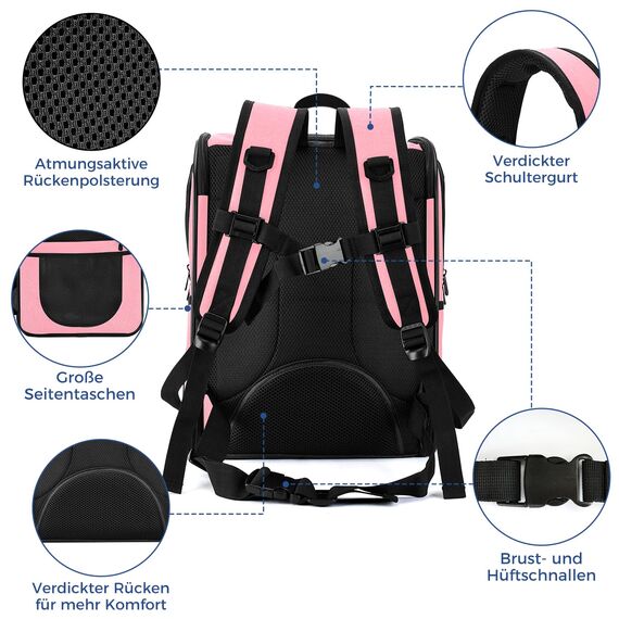 apollo walker HundeRucksack und KatzenRucksack für Kleine Haustiere(Belastbarkeit 2-15kg) - Gepolsterter Rückenstütze Hundetasche Atmungsaktiver Netz-Tierrucksack für Wandern, Reisen, Rosa