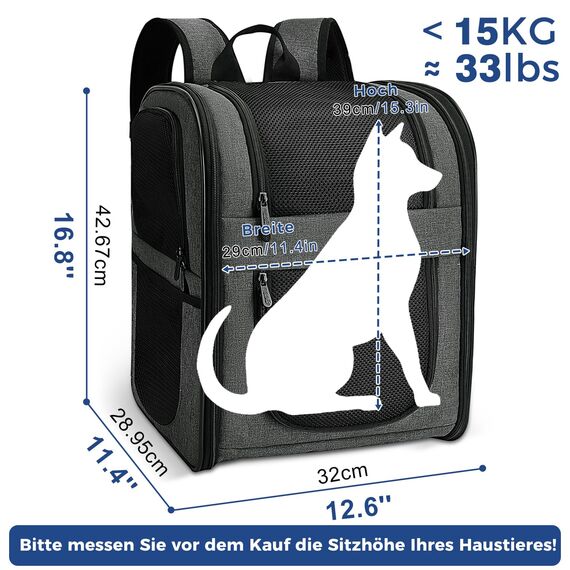 apollo walker HundeRucksack und KatzenRucksack für Kleine Haustiere(Belastbarkeit 2-15kg) - Gepolsterter Rückenstütze Hundetasche Atmungsaktiver Netz-Tierrucksack für Wandern, Reisen, Outdoor Grau