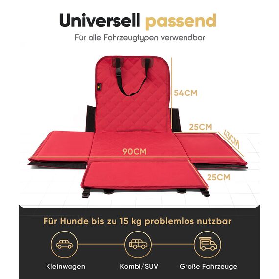 HELDENWERK Extra Stabiler Hunde Autositz -Verstärkte Wände und 5 Gurte - Wasserdichter Hundeautositz für Rück- und Vordersitz (Rot, Standardgröße)