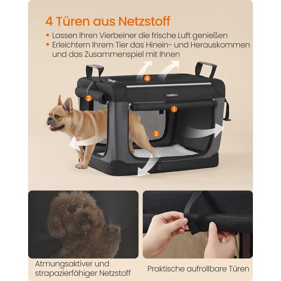 Feandrea Hundebox faltbar, 60 cm Transportbox für kleine Hunde, Hundetasche, Oxford-Gewebe, mit 4 Türen aus Netzstoff, Griffen, Taschen für Futter und Wasserflasche, tintenschwarz PDC016B01