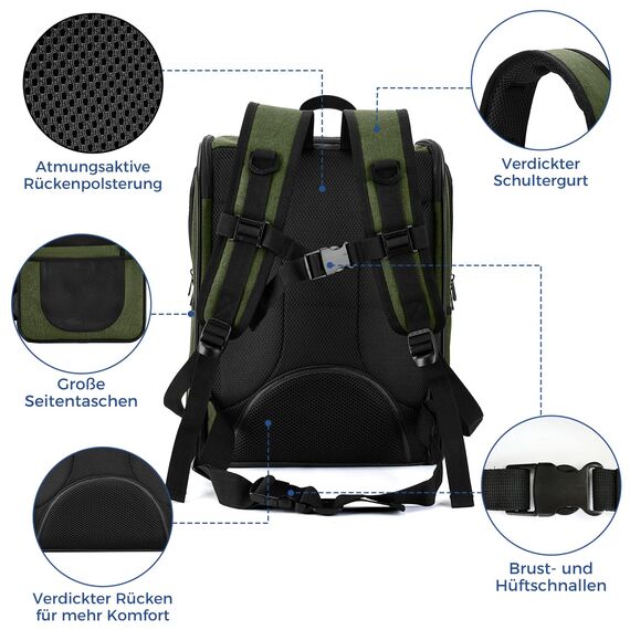 apollo walker HundeRucksack und KatzenRucksack für Kleine Haustiere(Belastbarkeit 2-15kg) - Gepolsterter Rückenstütze Hundetasche Atmungsaktiver Netz-Tierrucksack für Wandern, Reisen, Grün