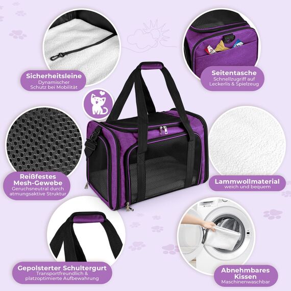 TOFFCAEA Transporttasche für Katze Hund, Hundetransportbox, Faltbare Katzentransportbox, tragbar, 5kg Katzen Hunde Tragebox, für mittelgroße Hunde, Katze (Lila, L 43 x B 28 x H 28 cm)