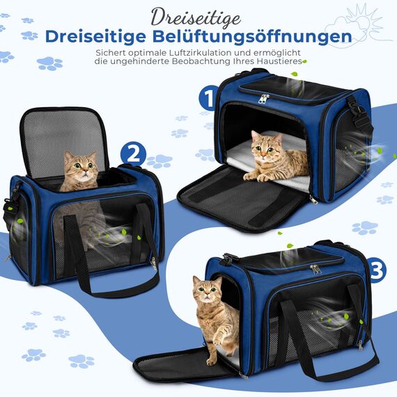 TOFFCAEA Transporttasche für Katze Hund, Hundetransportbox, Faltbare Katzentransportbox, tragbar, 5kg Katzen Hunde Tragebox, für mittelgroße Hunde, Katze (Dunkelblau, L 43 x B 28 x H 28 cm)