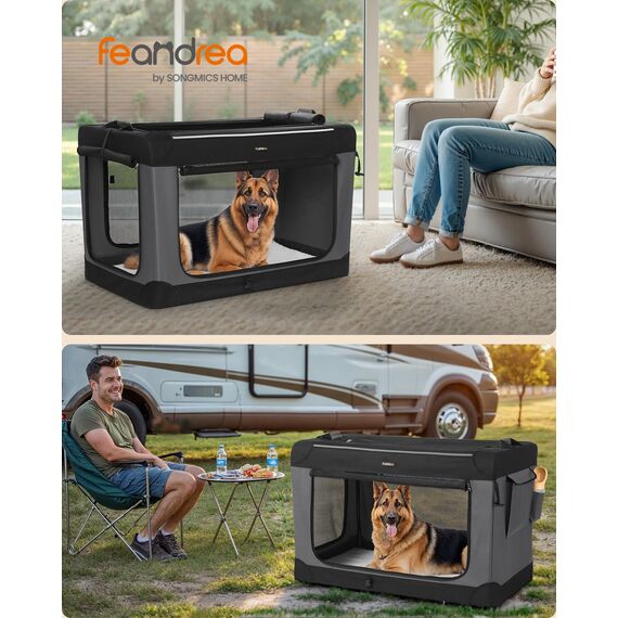 Feandrea Hundebox faltbar, 106,7 cm Transportbox für große Hunde, Hundetasche, Oxford-Gewebe, mit 4 Türen aus Netzstoff, Griffen, Taschen für Futter und Wasserflasche, tintenschwarz PDC021B01