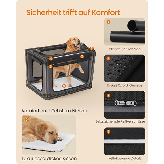Feandrea Hundebox faltbar, 91,4 cm Transportbox für große Hunde, Hundetasche, Oxford-Gewebe, mit 4 Türen aus Netzstoff, Griffen, Taschen für Futter und Wasserflasche, tintenschwarz PDC019B01