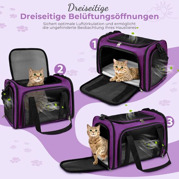 TOFFCAEA Transporttasche für Katze Hund, Hundetransportbox, Faltbare Katzentransportbox, tragbar, 5kg Katzen Hunde Tragebox, für mittelgroße Hunde, Katze (Lila, L 43 x B 28 x H 28 cm)
