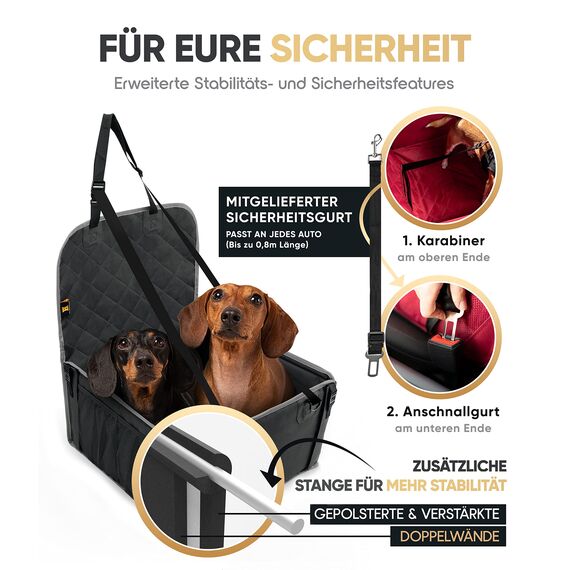 HELDENWERK Extra Stabiler Hunde Autositz -Verstärkte Wände und 5 Gurte - Wasserdichter Hundeautositz für Rück- und Vordersitz (Schwarz-Grau, Standardgröße)