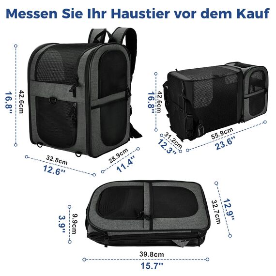 apollo walker Erweiterbar Katzenrucksack Hunderucksack Haustier Rucksäcke Haustier Tragetasche für Hunde und Katzen weich, faltbar Grau