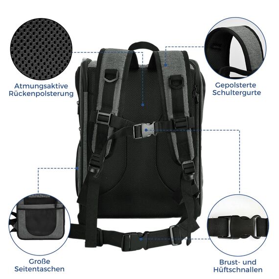 apollo walker HundeRucksack und KatzenRucksack für Kleine Haustiere(Belastbarkeit 2-15kg) - Gepolsterter Rückenstütze Hundetasche Atmungsaktiver Netz-Tierrucksack für Wandern, Reisen, Outdoor Grau