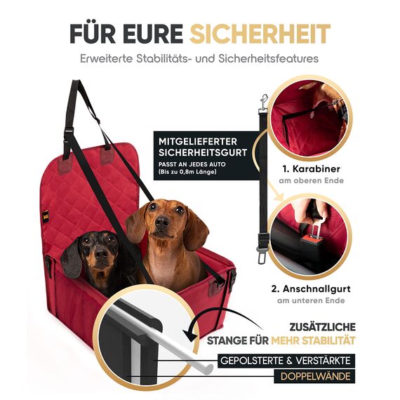 HELDENWERK Extra Stabiler Hunde Autositz -Verstärkte Wände und 5 Gurte - Wasserdichter Hundeautositz für Rück- und Vordersitz (Rot, Standardgröße)