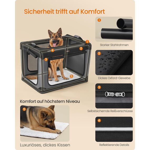 Feandrea Hundebox faltbar, 106,7 cm Transportbox für große Hunde, Hundetasche, Oxford-Gewebe, mit 4 Türen aus Netzstoff, Griffen, Taschen für Futter und Wasserflasche, tintenschwarz PDC021B01