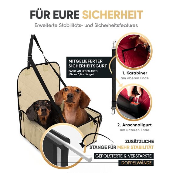HELDENWERK Extra Stabiler Hunde Autositz -Verstärkte Wände und 5 Gurte - Wasserdichter Hundeautositz für Rück- und Vordersitz (Beige, Standardgröße)