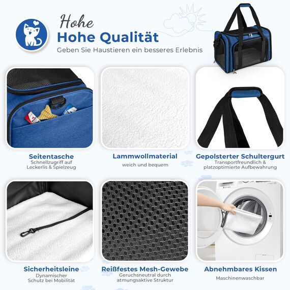 TOFFCAEA Transporttasche für Katze Hund, Hundetransportbox, Faltbare Katzentransportbox, tragbar, 5kg Katzen Hunde Tragebox, für mittelgroße Hunde, Katze (Dunkelblau, L 43 x B 28 x H 28 cm)