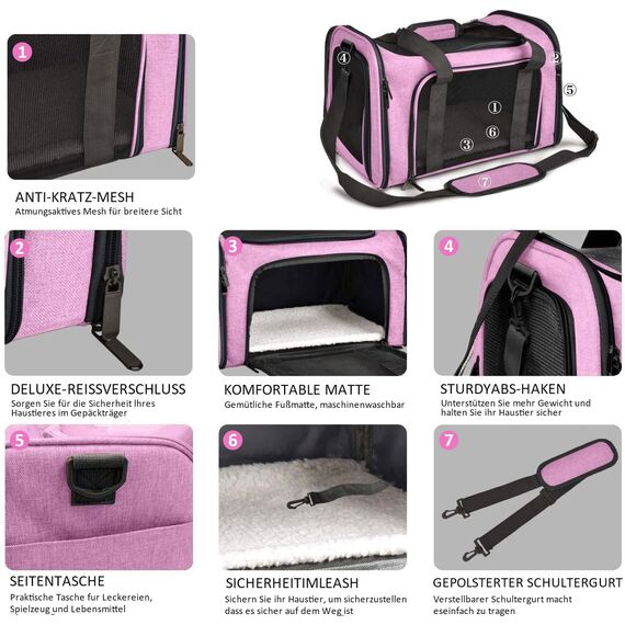 TOFFCAEA Transporttasche für Katze Hund, Hundetransportbox, Faltbare Katzentransportbox, tragbar, 8kg Katzen Hunde Tragebox, für mittelgroße Hunde, Katze (Rosa, L 50 x B 34 x H 34 cm)