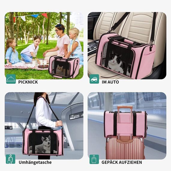 TOFFCAEA Transporttasche für Katze Hund, Hundetransportbox, Faltbare Katzentransportbox, tragbar, 8kg Katzen Hunde Tragebox, für mittelgroße Hunde, Katze (Rosa, L 50 x B 34 x H 34 cm)