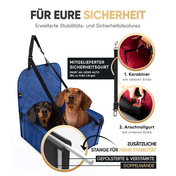 HELDENWERK Extra Stabiler Hunde Autositz -Verstärkte Wände und 5 Gurte - Wasserdichter Hundeautositz für Rück- und Vordersitz (Blau, Standardgröße)