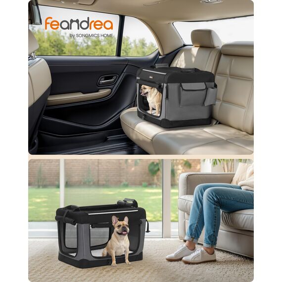 Feandrea Hundebox faltbar, 60 cm Transportbox für kleine Hunde, Hundetasche, Oxford-Gewebe, mit 4 Türen aus Netzstoff, Griffen, Taschen für Futter und Wasserflasche, tintenschwarz PDC016B01