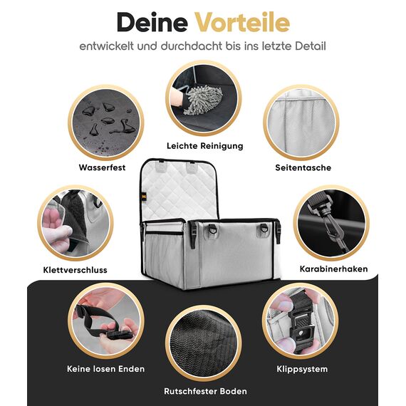 HELDENWERK Extra Stabiler Hunde Autositz -Verstärkte Wände und 5 Gurte - Wasserdichter Hundeautositz für Rück- und Vordersitz (Hellgrau, Standardgröße)