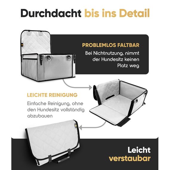 HELDENWERK Extra Stabiler Hunde Autositz -Verstärkte Wände und 5 Gurte - Wasserdichter Hundeautositz für Rück- und Vordersitz (Hellgrau, Standardgröße)