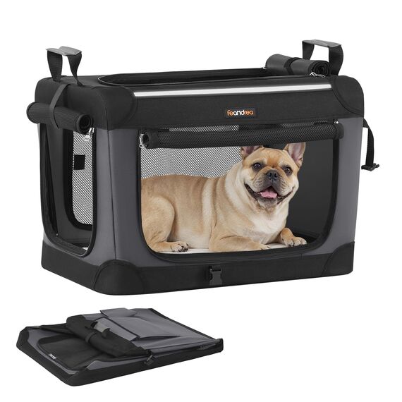 Feandrea Hundebox faltbar, 60 cm Transportbox für kleine Hunde, Hundetasche, Oxford-Gewebe, mit 4 Türen aus Netzstoff, Griffen, Taschen für Futter und Wasserflasche, tintenschwarz PDC016B01