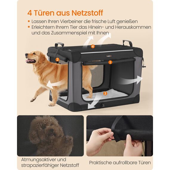 Feandrea Hundebox faltbar, 91,4 cm Transportbox für große Hunde, Hundetasche, Oxford-Gewebe, mit 4 Türen aus Netzstoff, Griffen, Taschen für Futter und Wasserflasche, tintenschwarz PDC019B01