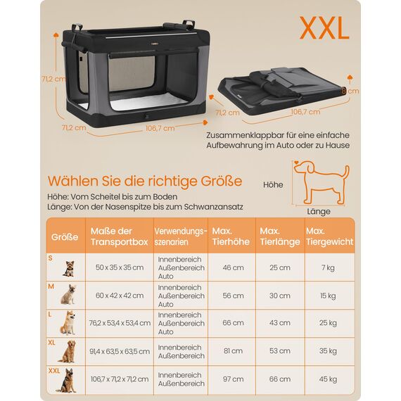Feandrea Hundebox faltbar, 106,7 cm Transportbox für große Hunde, Hundetasche, Oxford-Gewebe, mit 4 Türen aus Netzstoff, Griffen, Taschen für Futter und Wasserflasche, tintenschwarz PDC021B01