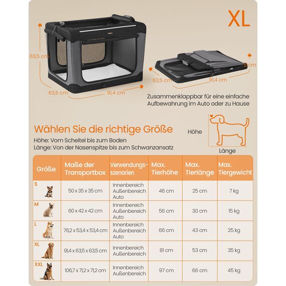 Feandrea Hundebox faltbar, 91,4 cm Transportbox für große Hunde, Hundetasche, Oxford-Gewebe, mit 4 Türen aus Netzstoff, Griffen, Taschen für Futter und Wasserflasche, tintenschwarz PDC019B01