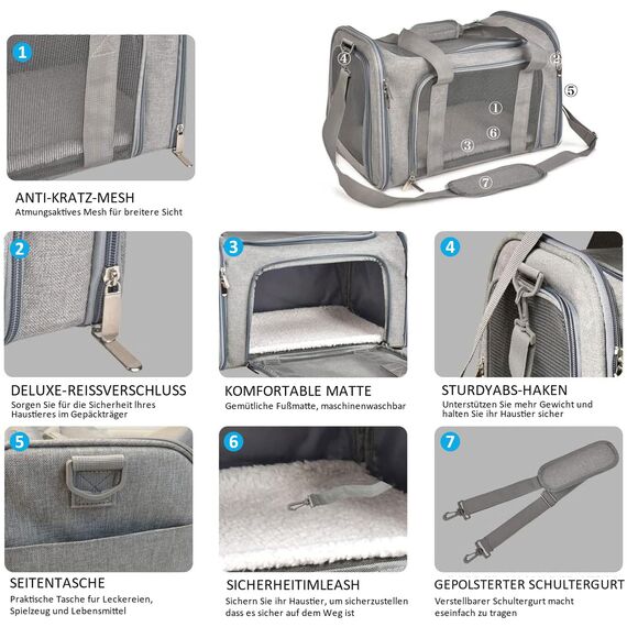 TOFFCAEA Transporttasche für Katze Hund, Hundetransportbox, Faltbare Katzentransportbox, tragbar, 8kg Katzen Hunde Tragebox, für mittelgroße Hunde, Katze (Grau, L 50 x B 34 x H 34 cm)