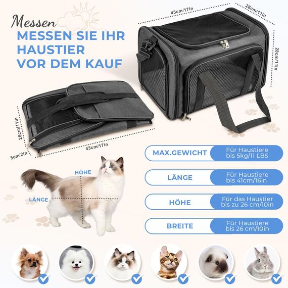 TOFFCAEA Transporttasche für Katze Hund, Hundetransportbox, Faltbare Katzentransportbox, tragbar, 5kg Katzen Hunde Tragebox, für mittelgroße Hunde, Katze (Dunkelgrau, L 43 x B 28 x H 28 cm)