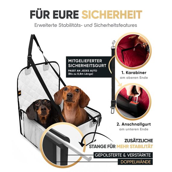 HELDENWERK Extra Stabiler Hunde Autositz -Verstärkte Wände und 5 Gurte - Wasserdichter Hundeautositz für Rück- und Vordersitz (Hellgrau, Standardgröße)