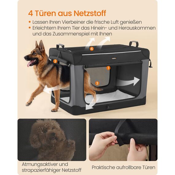 Feandrea Hundebox faltbar, 106,7 cm Transportbox für große Hunde, Hundetasche, Oxford-Gewebe, mit 4 Türen aus Netzstoff, Griffen, Taschen für Futter und Wasserflasche, tintenschwarz PDC021B01