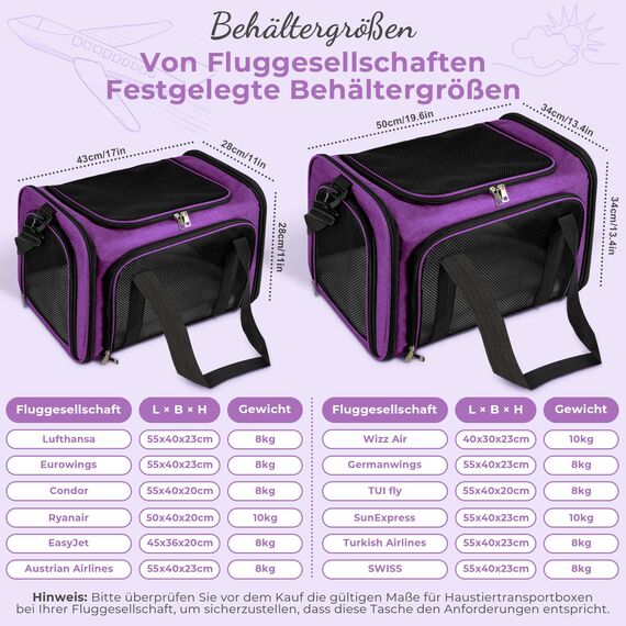 TOFFCAEA Transporttasche für Katze Hund, Hundetransportbox, Faltbare Katzentransportbox, tragbar, 5kg Katzen Hunde Tragebox, für mittelgroße Hunde, Katze (Lila, L 43 x B 28 x H 28 cm)