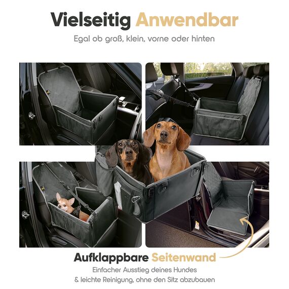 HELDENWERK Extra Stabiler Hunde Autositz -Verstärkte Wände und 5 Gurte - Wasserdichter Hundeautositz für Rück- und Vordersitz (Schwarz-Grau, Standardgröße)