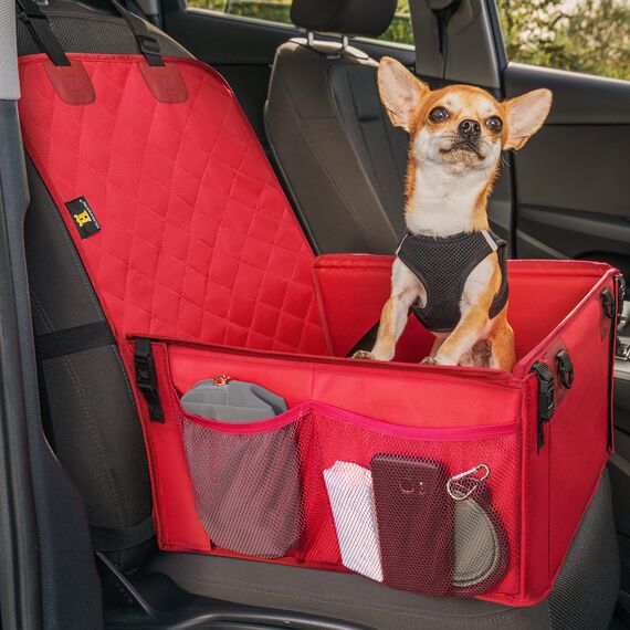 HELDENWERK Extra Stabiler Hunde Autositz -Verstärkte Wände und 5 Gurte - Wasserdichter Hundeautositz für Rück- und Vordersitz (Rot, Standardgröße)