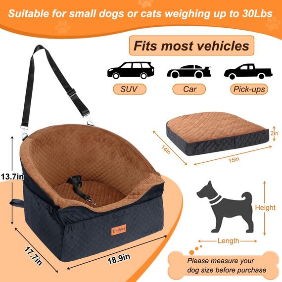 Vivifying Hundeautositz für kleine und mittelgroße Hunde, abnehmbare und waschbare Sitzerhöhung für Haustiere bis zu 11.3KG, Reisebett mit Staufächern und Sicherheitsgurt (Braun)