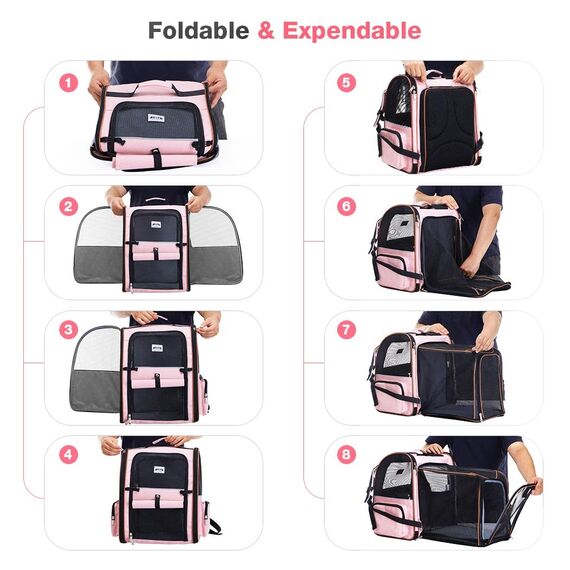 Lekespring Erweiterbar Katzenrucksack Hunderucksack für Katzen Hunde bis 8kg, Groß Katzen Rucksack Faltbare Haustier Rucksack mit Innerer Sicherheitsleine und Haustiermatte, Rosa
