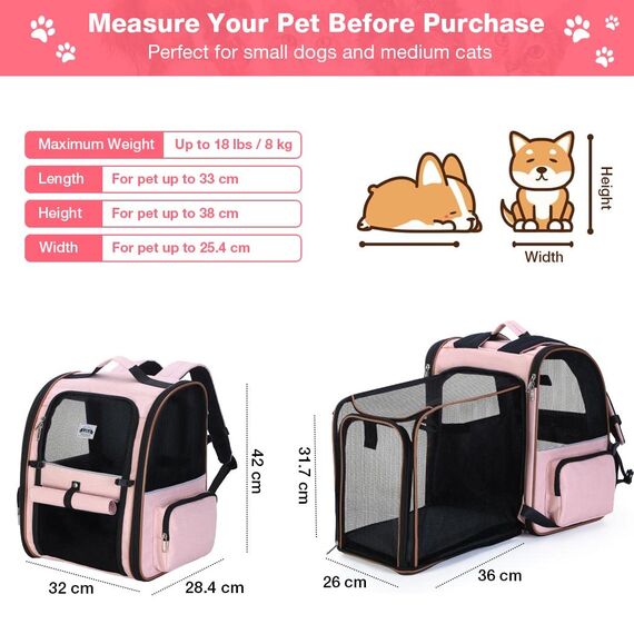 Lekespring Erweiterbar Katzenrucksack Hunderucksack für Katzen Hunde bis 8kg, Groß Katzen Rucksack Faltbare Haustier Rucksack mit Innerer Sicherheitsleine und Haustiermatte, Rosa