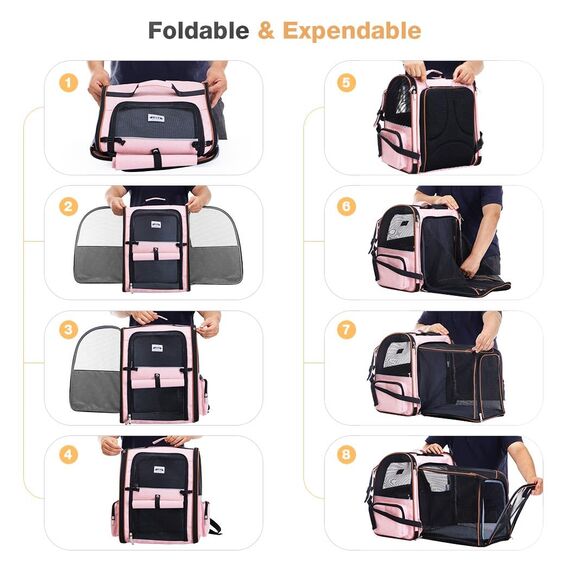Lekespring Katzen Rucksack Hunderucksack für Große Katzen Hunde bis 12kg, Erweiterbar Faltbare Haustier Rucksack mit Innerer Sicherheitsleine und Haustiermatte, Rosa -XL