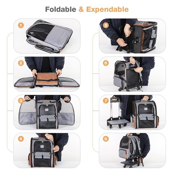 Lekespring Hunderucksack Katzenrucksack mit Trolley 2 in 1 bis 8 kg, Faltbare Hunderucksack Große Transportbox für kleine Hunde, Blau Gestreift-L