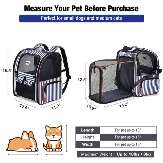 Lekespring Erweiterbar Katzenrucksack Hunderucksack für Katzen Hunde bis 8kg, Groß Katzen Rucksack Faltbare Haustier Rucksack mit Innerer Sicherheitsleine und Haustiermatte, Blau Gestreift