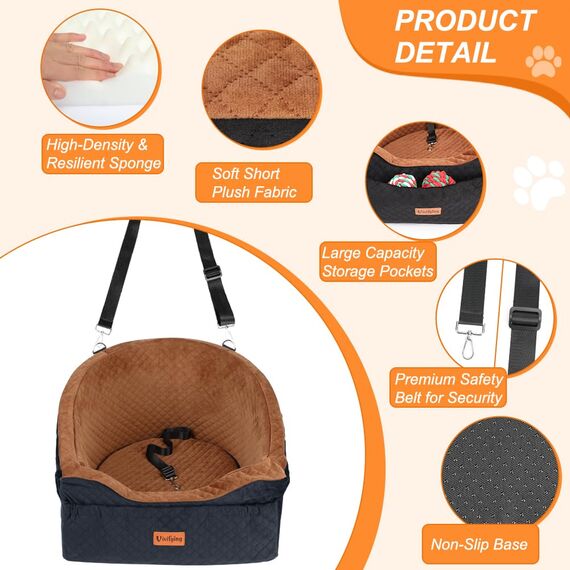 Vivifying Hundeautositz für kleine und mittelgroße Hunde, abnehmbare und waschbare Sitzerhöhung für Haustiere bis zu 11.3KG, Reisebett mit Staufächern und Sicherheitsgurt (Braun)
