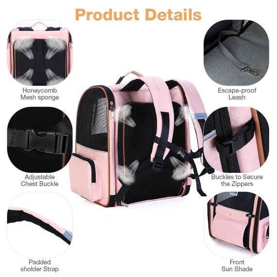 Lekespring Katzen Rucksack Hunderucksack für Große Katzen Hunde bis 12kg, Erweiterbar Faltbare Haustier Rucksack mit Innerer Sicherheitsleine und Haustiermatte, Rosa -XL