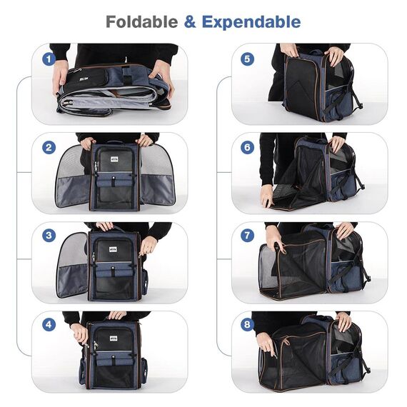 Lekespring Erweiterbar Katzenrucksack Hunderucksack für Katzen Hunde bis 8kg, Groß Katzen Rucksack Faltbare Haustier Rucksack mit Innerer Sicherheitsleine und Haustiermatte, Blau