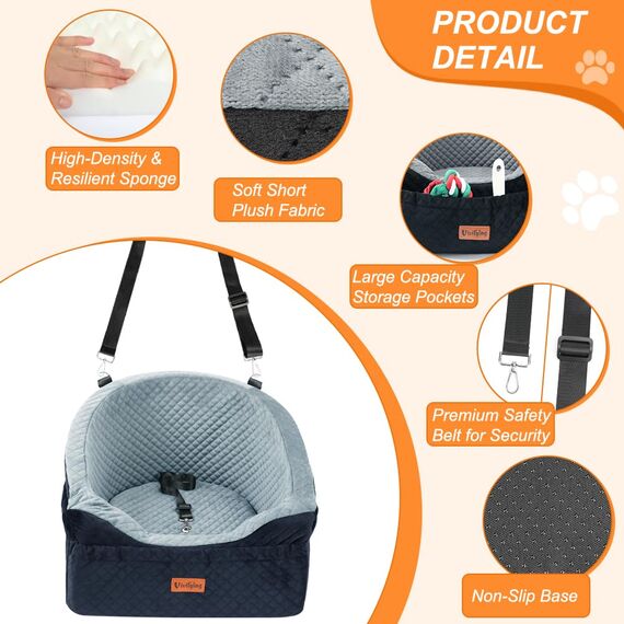Vivifying Hundeautositz für kleine und mittelgroße Hunde, abnehmbare und waschbare Sitzerhöhung für Haustiere bis zu 11.3KG, Reisebett mit Staufächern und Sicherheitsgurt (Grau)