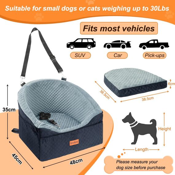 Vivifying Hundeautositz für kleine und mittelgroße Hunde, abnehmbare und waschbare Sitzerhöhung für Haustiere bis zu 11.3KG, Reisebett mit Staufächern und Sicherheitsgurt (Grau)