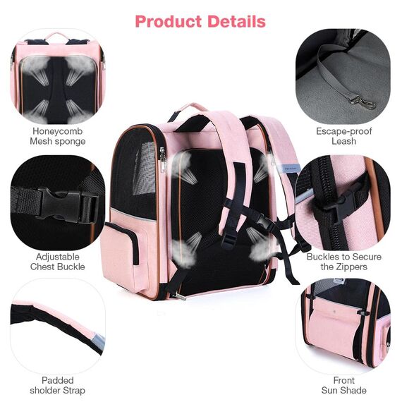 Lekespring Erweiterbar Katzenrucksack Hunderucksack für Katzen Hunde bis 8kg, Groß Katzen Rucksack Faltbare Haustier Rucksack mit Innerer Sicherheitsleine und Haustiermatte, Rosa