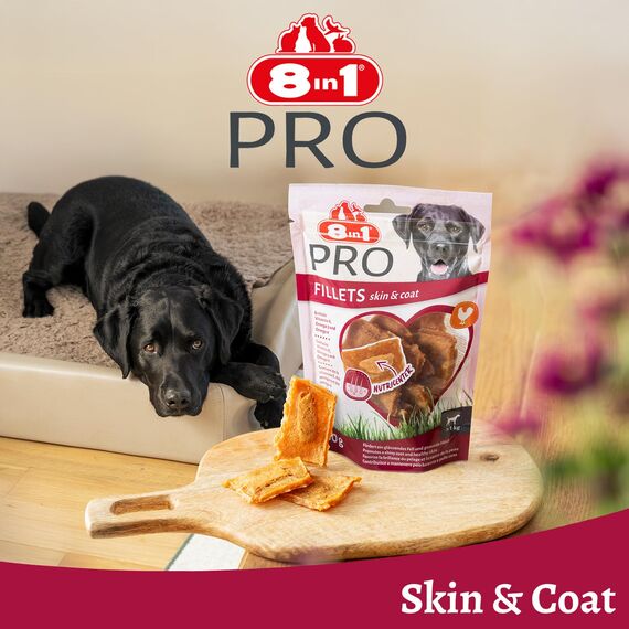 8in1 Pro Fillets Skin und Coat - Hunde-Snack mit Hähnchen, funktionale Leckerlis für ausgewachsene Hunde, angereichert mit Lachsöl, 80g Beutel